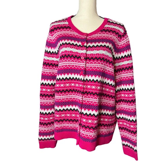 Talbots Fair Isle Cardigan Sweater Size L Pink Multicolor Nylon Lambswool Blend - Picture 1 of 5